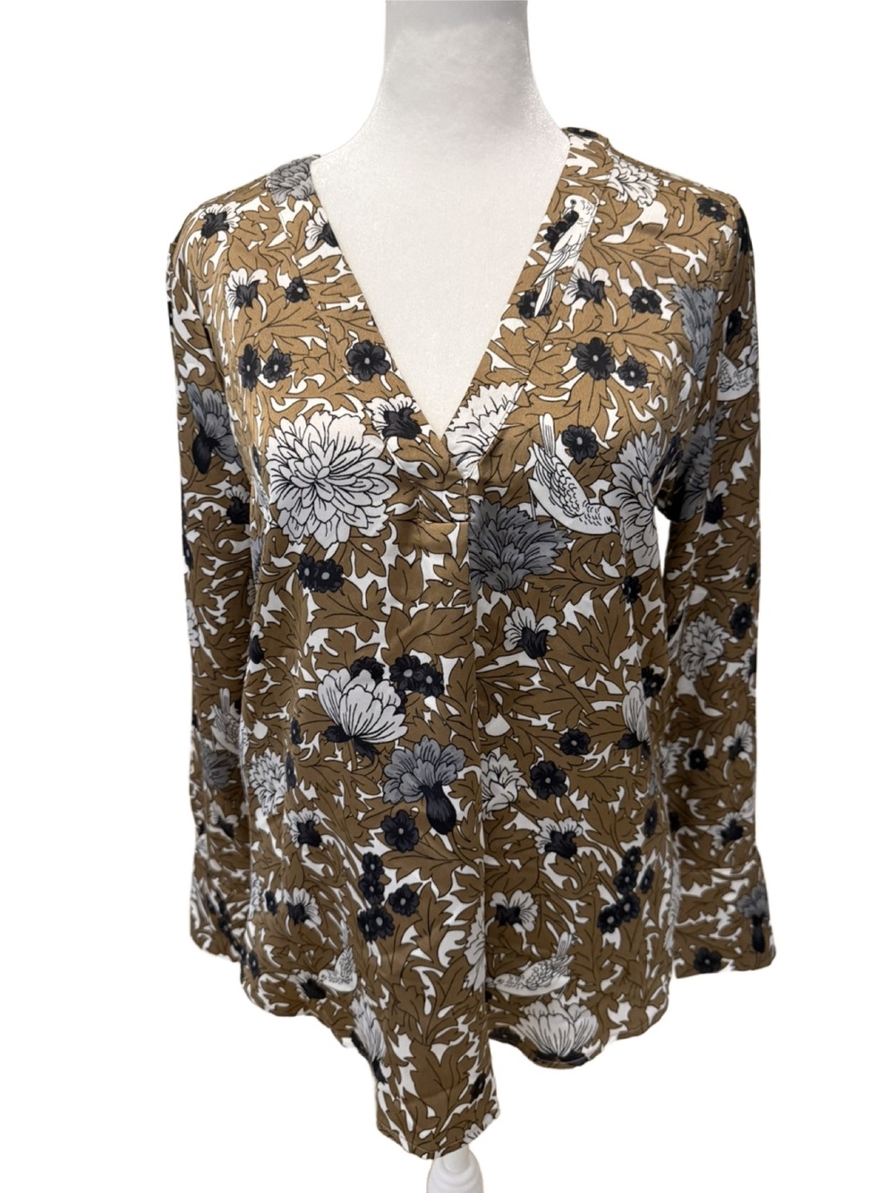 Ann Taylor Tan Floral V-Neck Blouse SP
